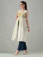 Myshka Women Off White Multicolor Thread Embroidered Sleeveless Long Kurta | Grocsy