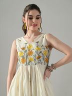 Myshka Women Off White Multicolor Thread Embroidered Sleeveless Long Kurta | Grocsy