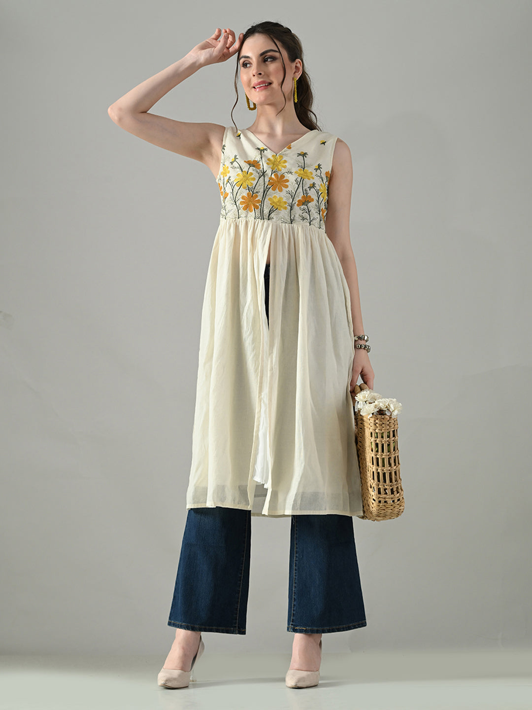 Myshka Women Off White Multicolor Thread Embroidered Sleeveless Long Kurta | Grocsy