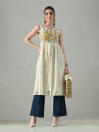 Myshka Women Off White Multicolor Thread Embroidered Sleeveless Long Kurta | Grocsy