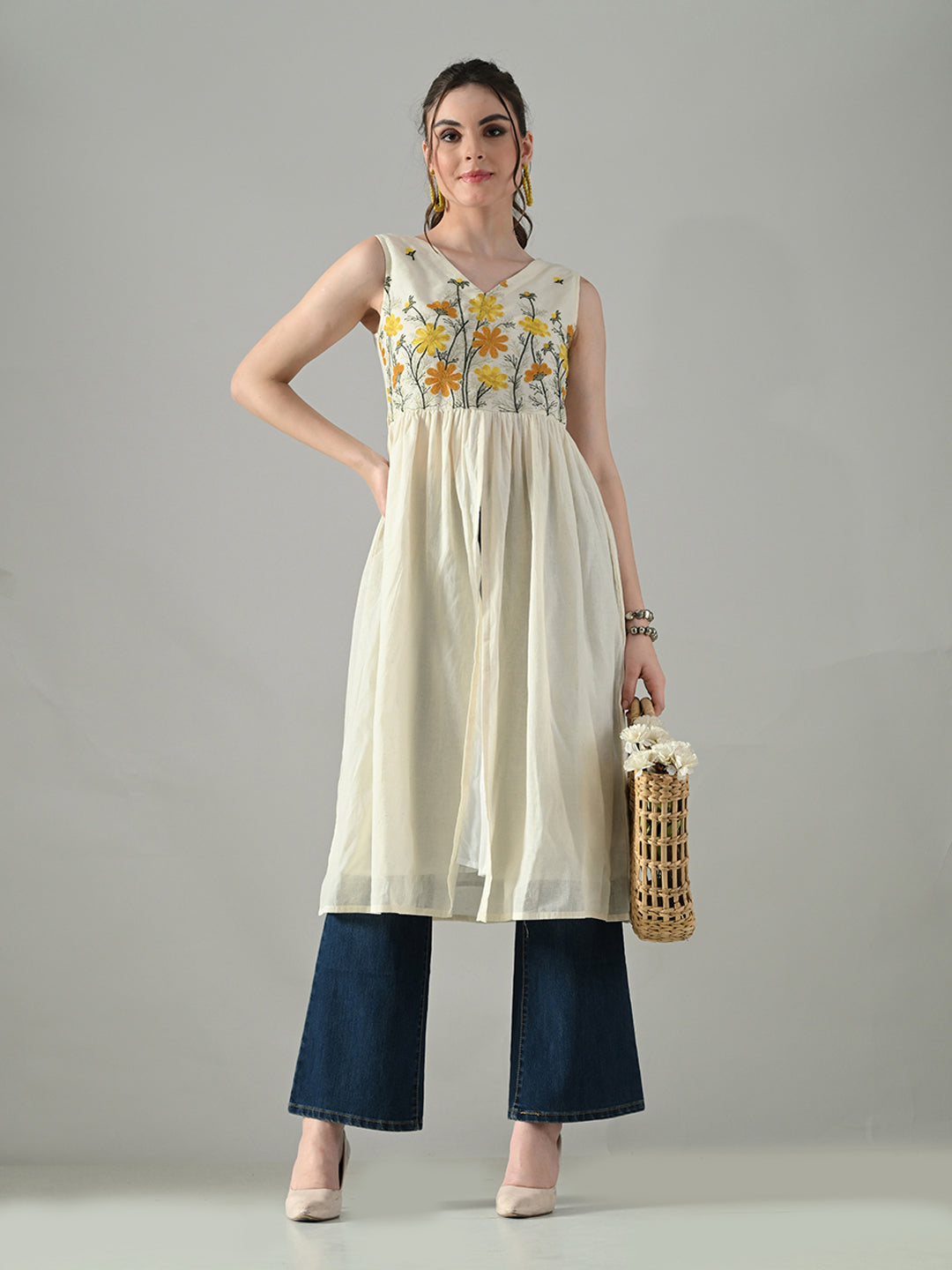 Myshka Women Off White Multicolor Thread Embroidered Sleeveless Long Kurta | Grocsy