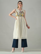 Myshka Women Off White Multicolor Thread Embroidered Sleeveless Long Kurta | Grocsy