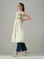 Myshka Women Off White Multicolor Thread Embroidered Sleeveless Long Kurta | Grocsy