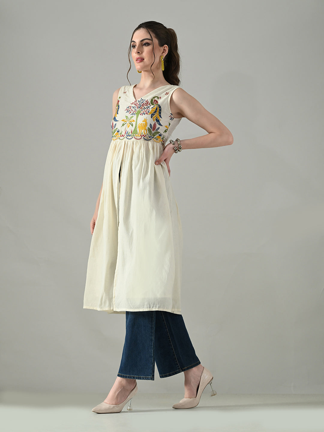 Myshka Women Off White Multicolor Thread Embroidered Sleeveless Long Kurta | Grocsy