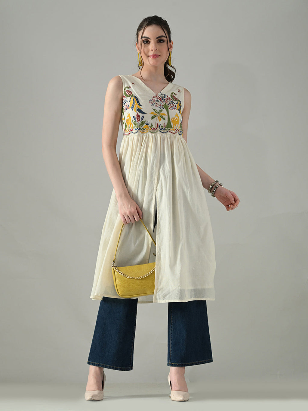 Myshka Women Off White Multicolor Thread Embroidered Sleeveless Long Kurta | Grocsy