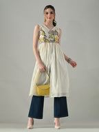 Myshka Women Off White Multicolor Thread Embroidered Sleeveless Long Kurta | Grocsy