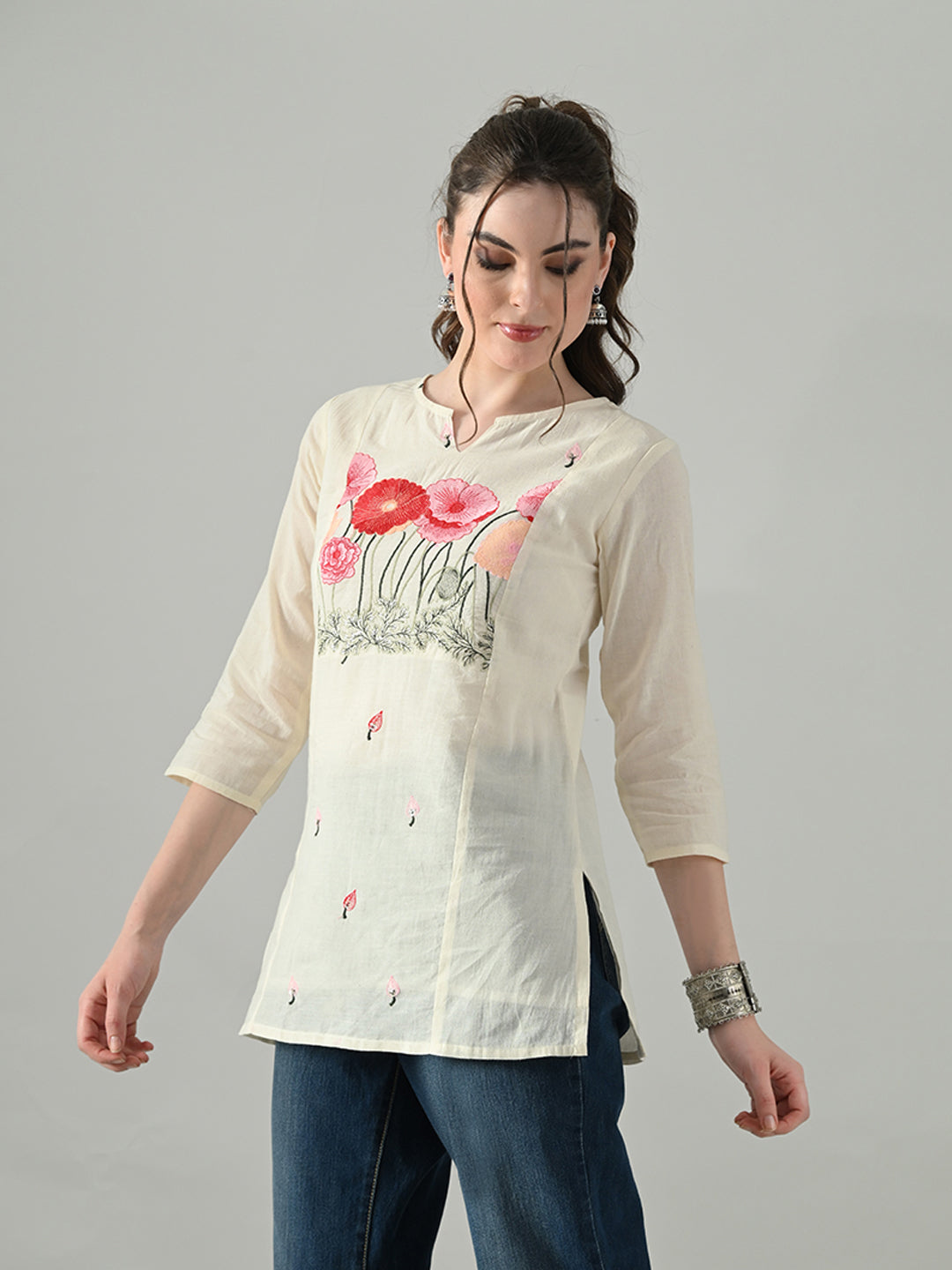 Myshka Women Off White Multicolor Thread Embroidered Tunic Three Quarter Sleeves Round Neck | Grocsy