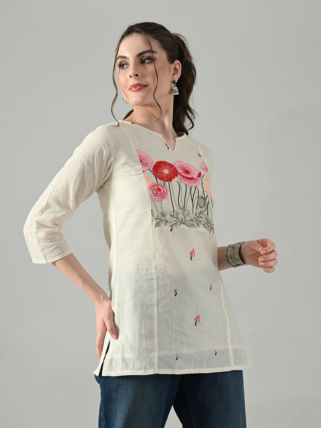 Myshka Women Off White Multicolor Thread Embroidered Tunic Three Quarter Sleeves Round Neck | Grocsy