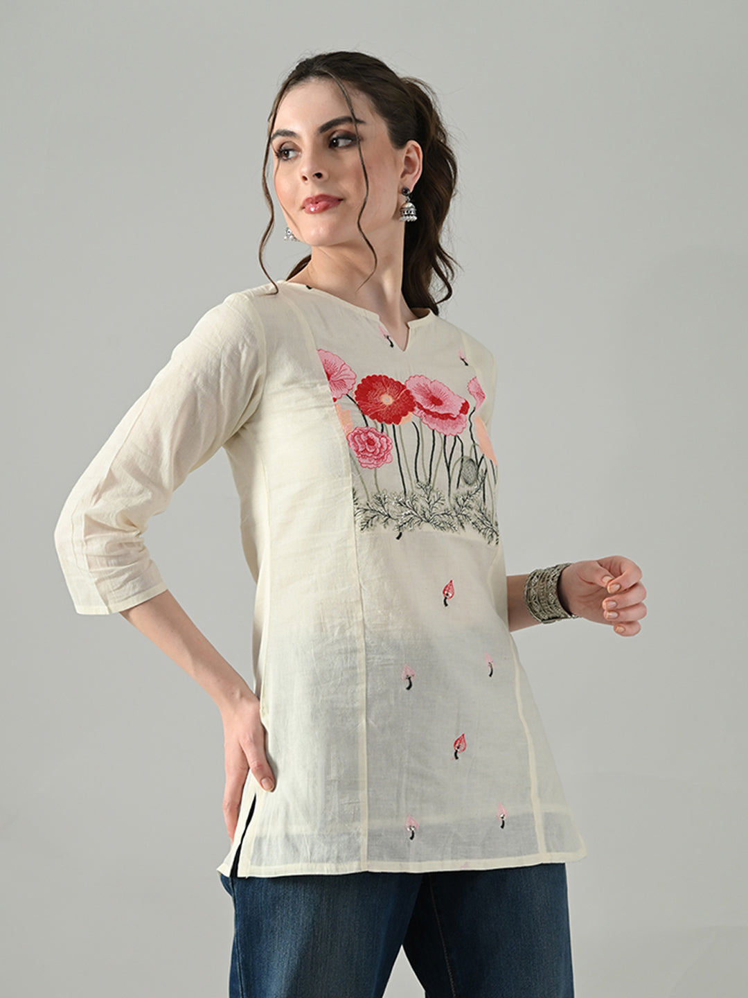 Myshka Women Off White Multicolor Thread Embroidered Tunic Three Quarter Sleeves Round Neck | Grocsy