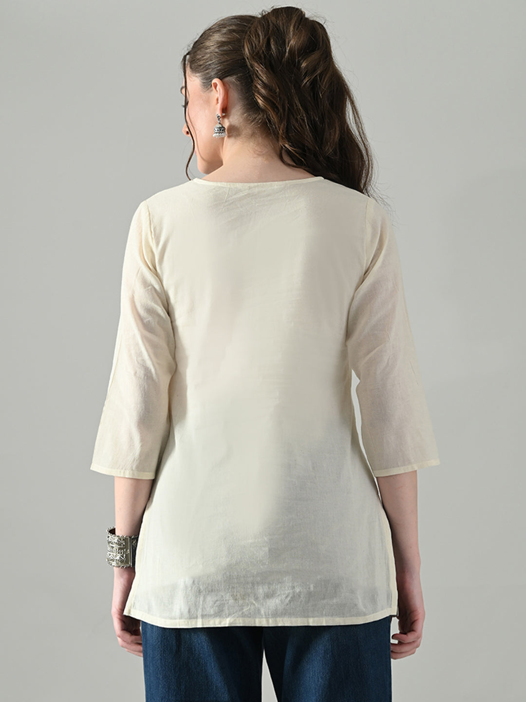 Myshka Women Off White Multicolor Thread Embroidered Tunic Three Quarter Sleeves Round Neck | Grocsy
