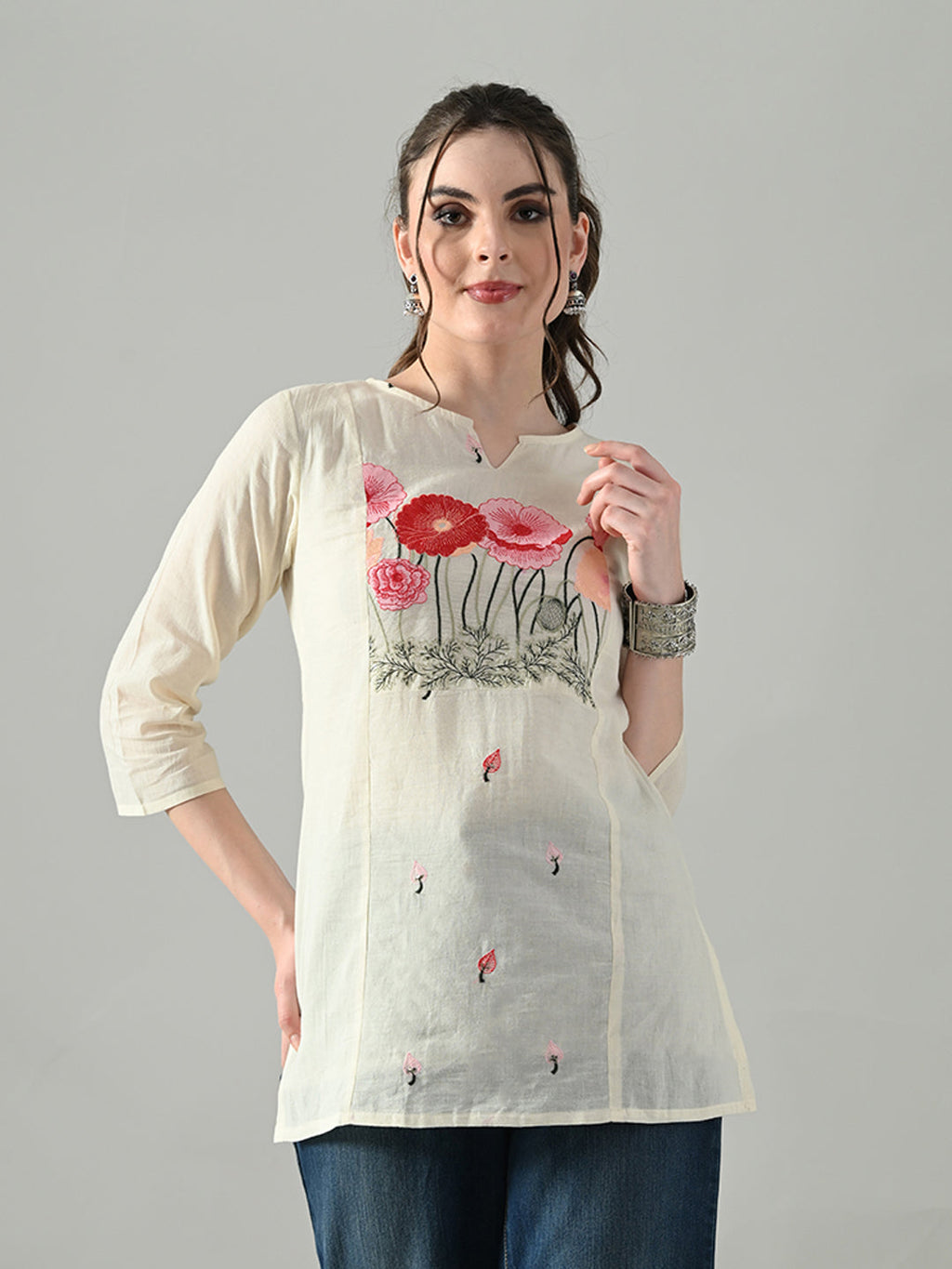 Myshka Women Off White Multicolor Thread Embroidered Tunic Three Quarter Sleeves Round Neck | Grocsy