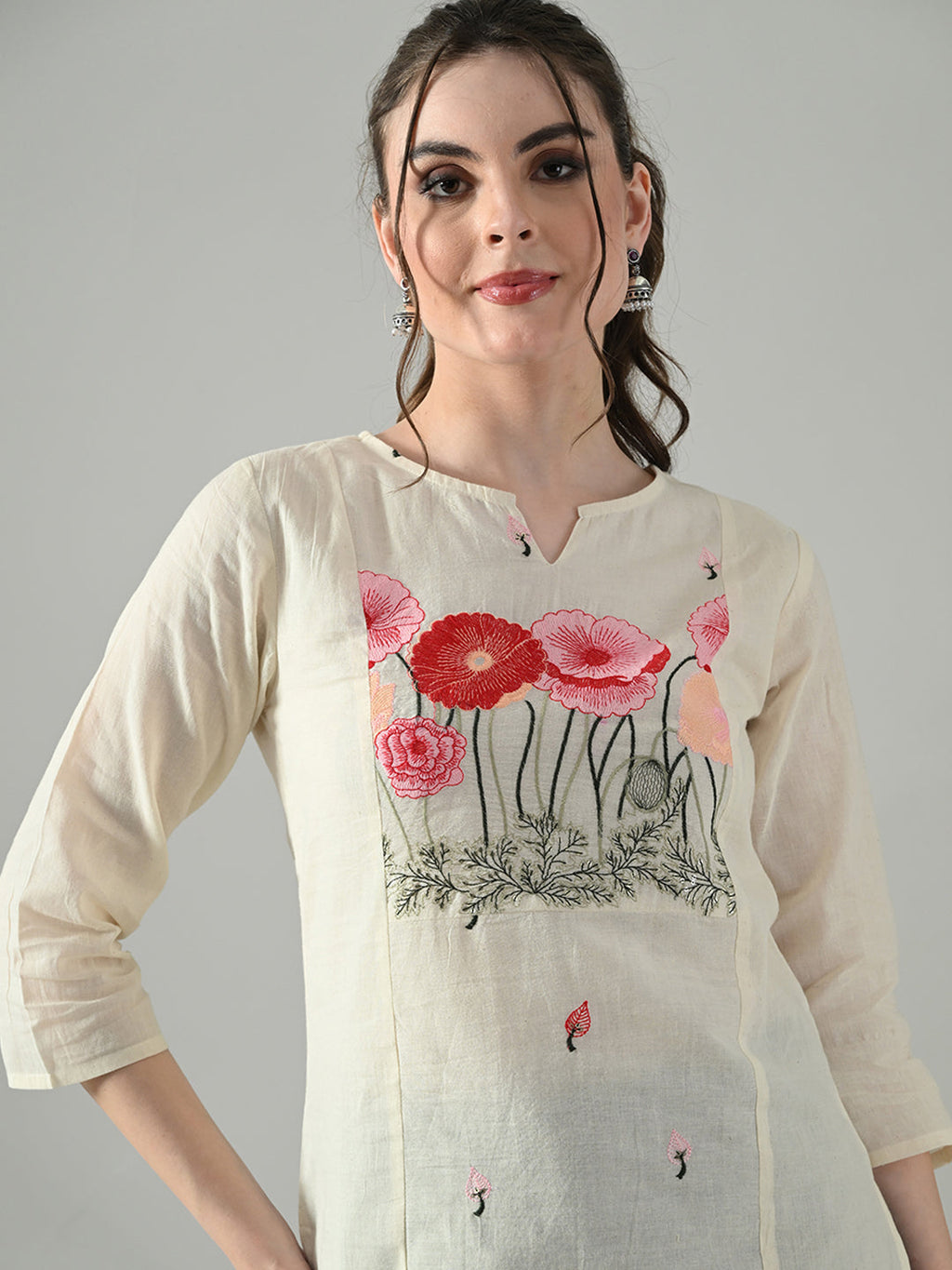 Myshka Women Off White Multicolor Thread Embroidered Tunic Three Quarter Sleeves Round Neck | Grocsy
