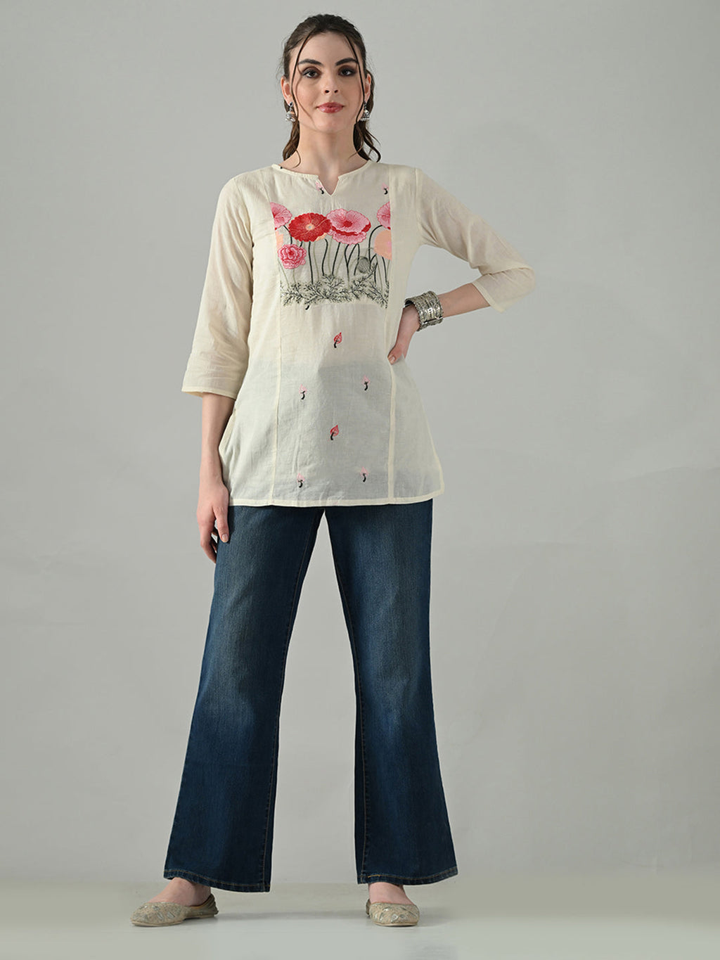 Myshka Women Off White Multicolor Thread Embroidered Tunic Three Quarter Sleeves Round Neck | Grocsy