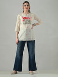 Myshka Women Off White Multicolor Thread Embroidered Tunic Three Quarter Sleeves Round Neck | Grocsy