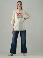 Myshka Women Off White Multicolor Thread Embroidered Tunic Three Quarter Sleeves Round Neck | Grocsy