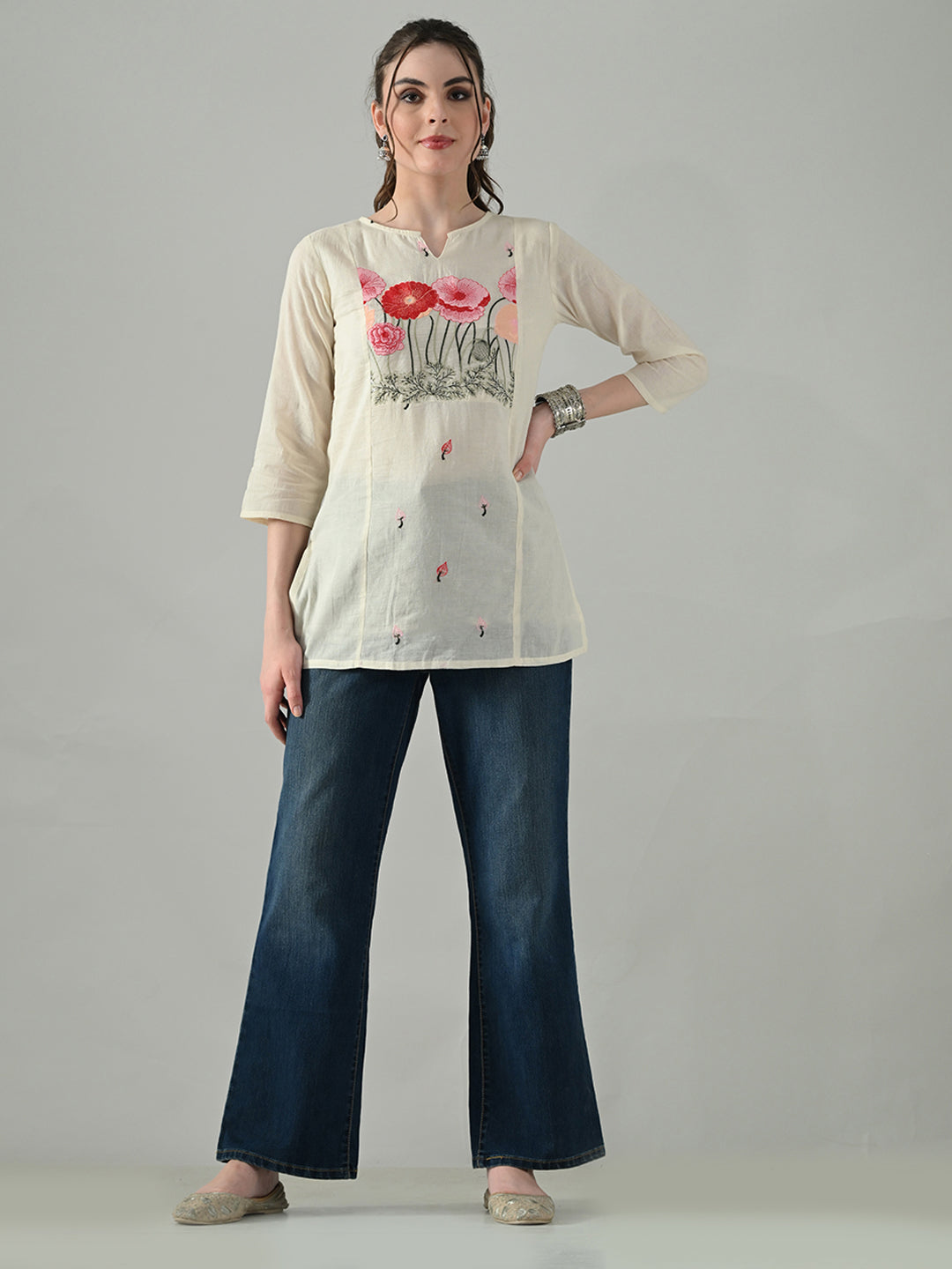Myshka Women Off White Multicolor Thread Embroidered Tunic Three Quarter Sleeves Round Neck | Grocsy