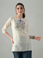 Myshka Women Off White Multicolor Thread Embroidered Tunic Three Quarter Sleeves Round Neck | Grocsy