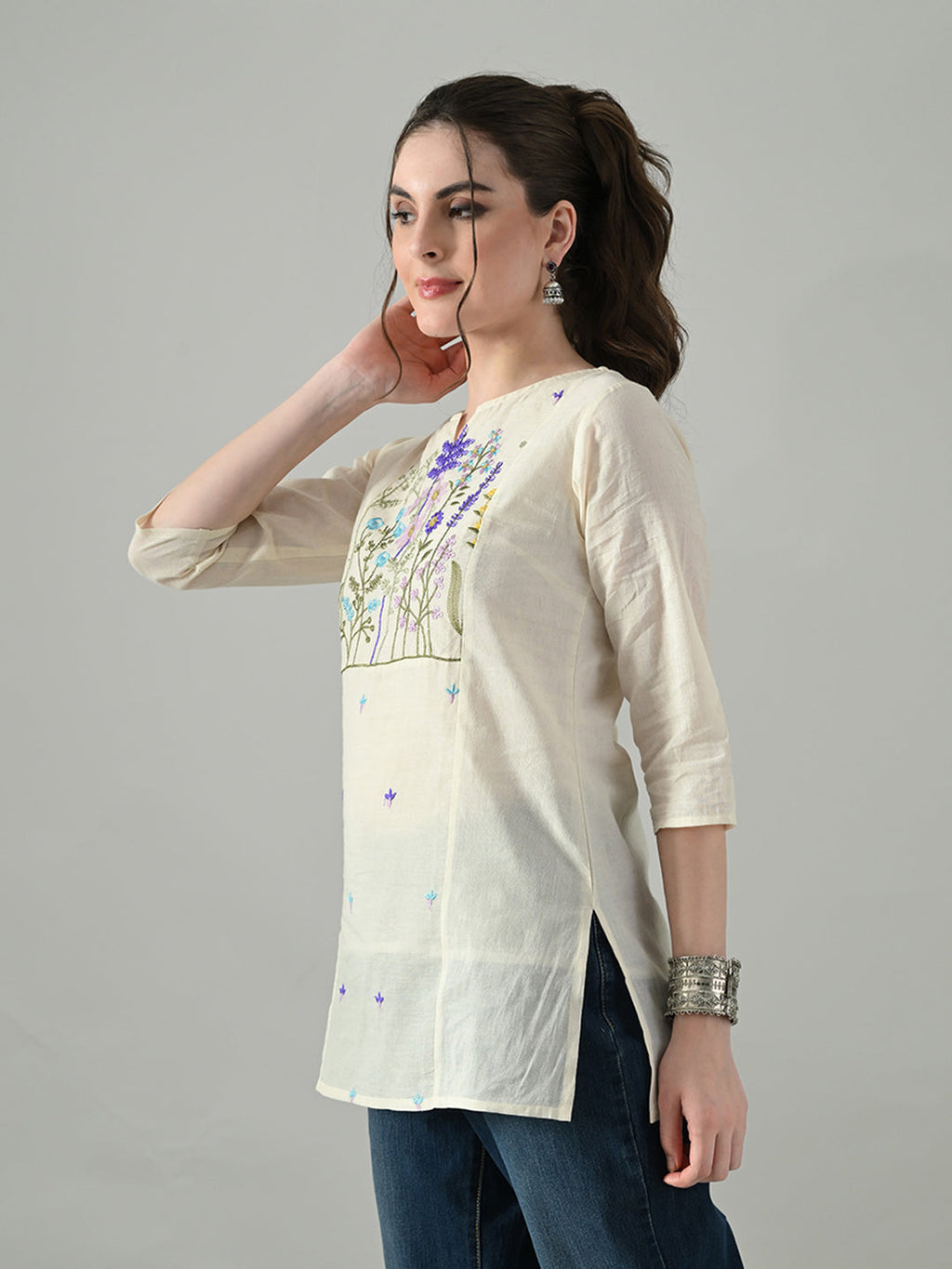 Myshka Women Off White Multicolor Thread Embroidered Tunic Three Quarter Sleeves Round Neck | Grocsy