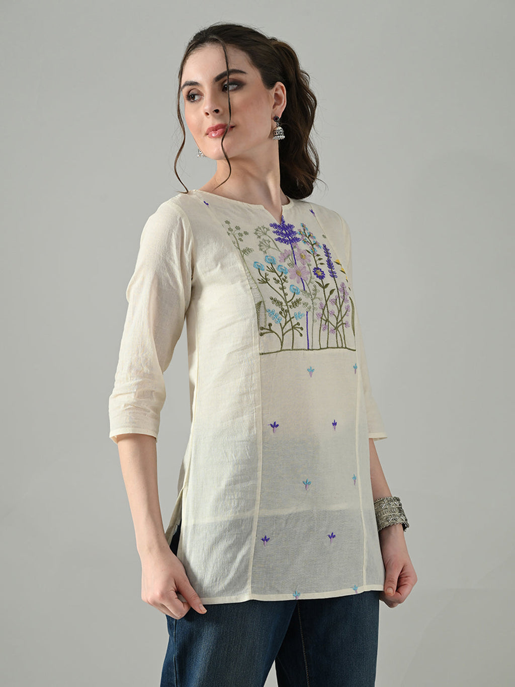 Myshka Women Off White Multicolor Thread Embroidered Tunic Three Quarter Sleeves Round Neck | Grocsy
