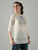 Myshka Women Off White Multicolor Thread Embroidered Tunic Three Quarter Sleeves Round Neck | Grocsy