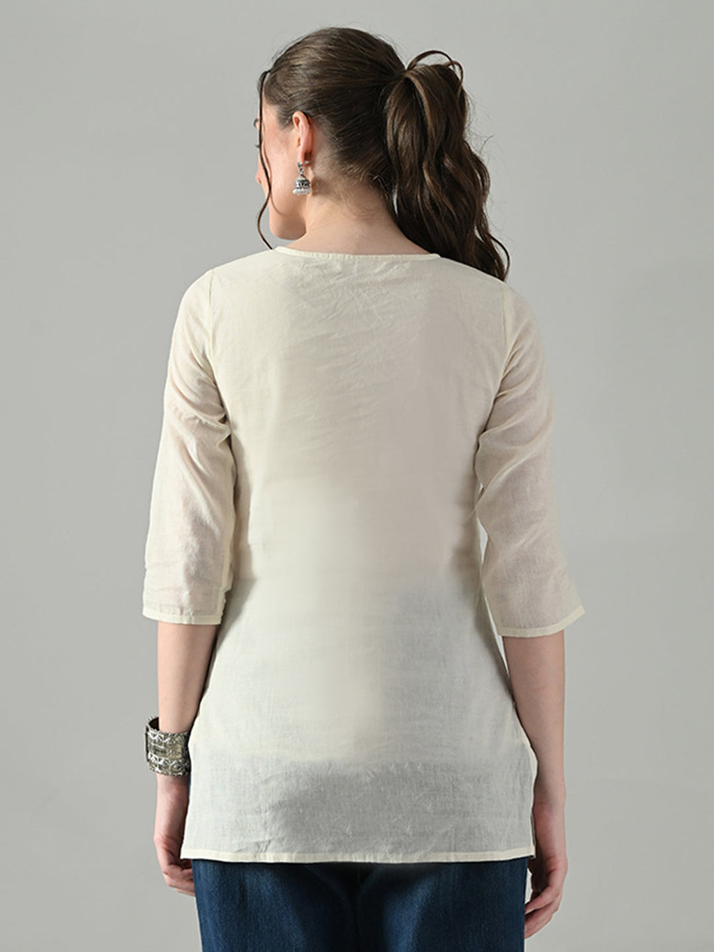 Myshka Women Off White Multicolor Thread Embroidered Tunic Three Quarter Sleeves Round Neck | Grocsy