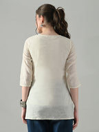 Myshka Women Off White Multicolor Thread Embroidered Tunic Three Quarter Sleeves Round Neck | Grocsy