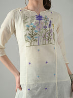Myshka Women Off White Multicolor Thread Embroidered Tunic Three Quarter Sleeves Round Neck | Grocsy