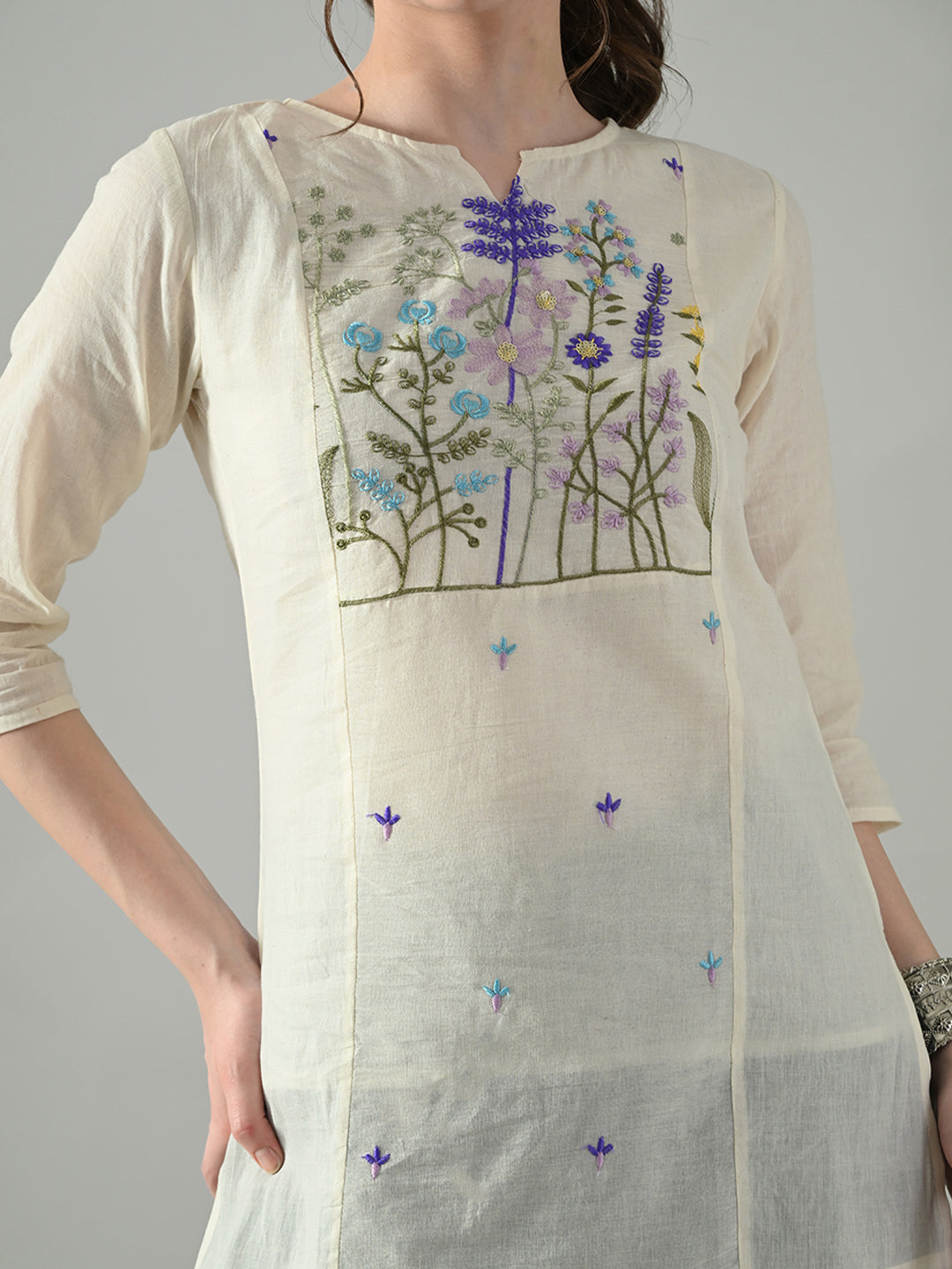 Myshka Women Off White Multicolor Thread Embroidered Tunic Three Quarter Sleeves Round Neck | Grocsy