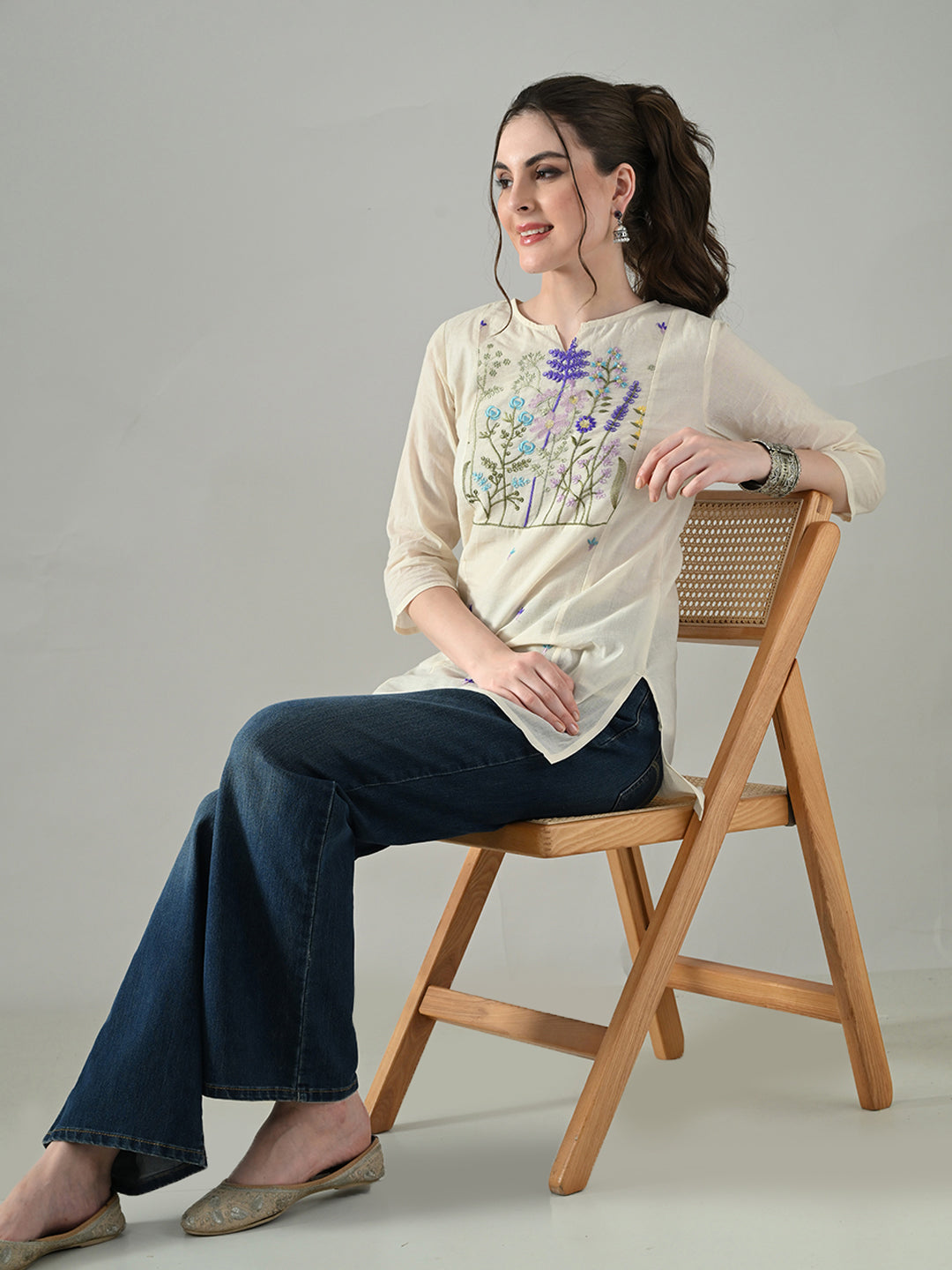 Myshka Women Off White Multicolor Thread Embroidered Tunic Three Quarter Sleeves Round Neck | Grocsy
