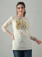 Myshka Women Off White Multicolor Thread Embroidered Tunic Three Quarter Sleeves Round Neck | Grocsy