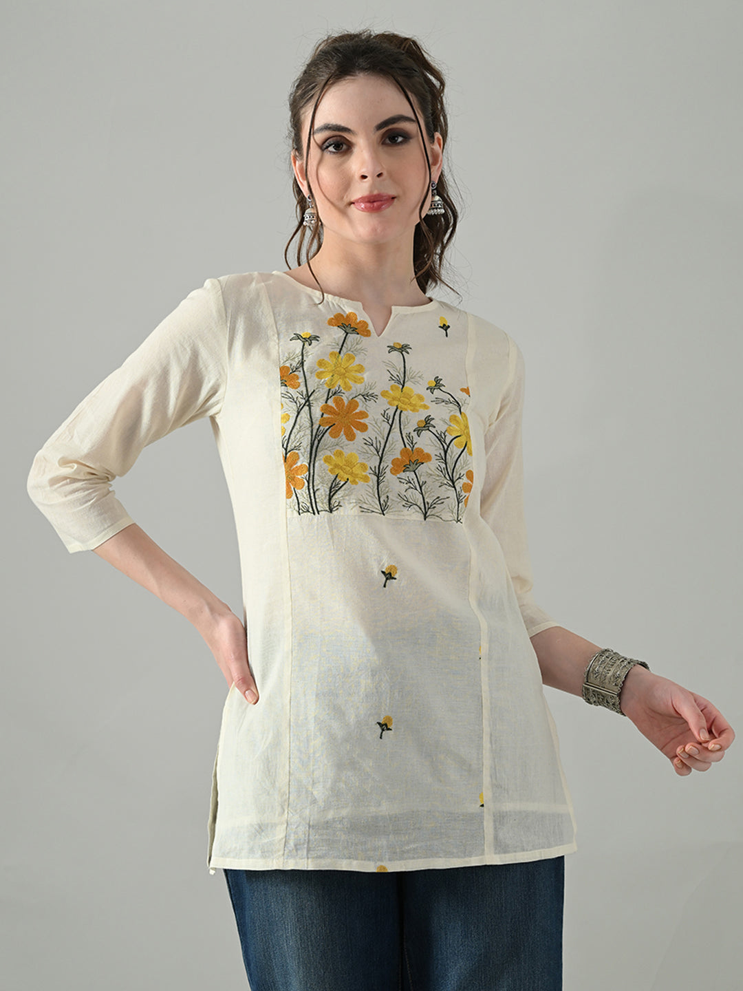 Myshka Women Off White Multicolor Thread Embroidered Tunic Three Quarter Sleeves Round Neck | Grocsy
