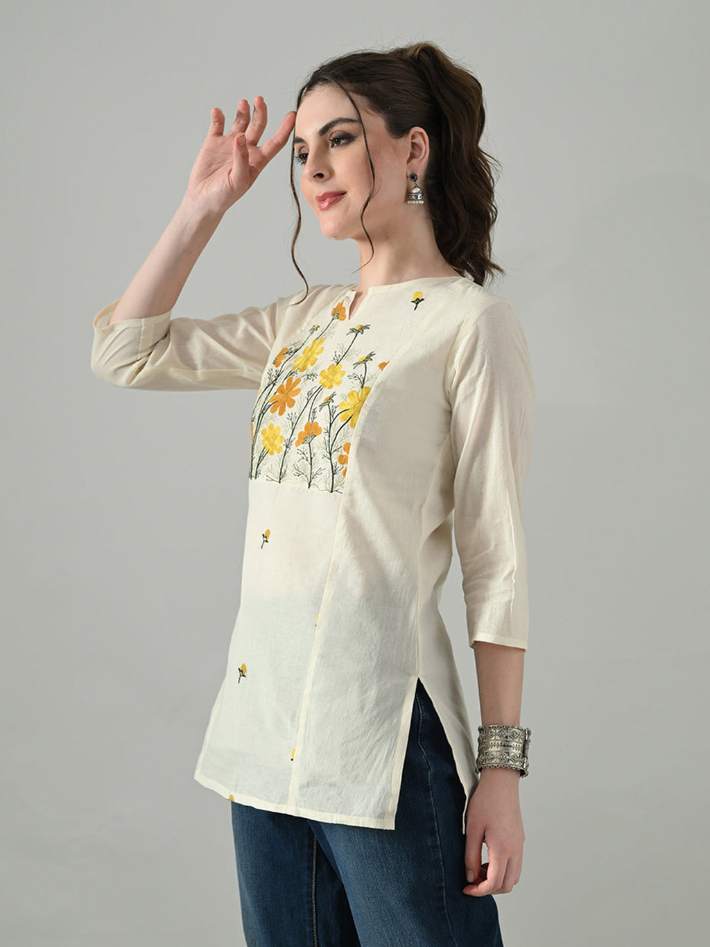 Myshka Women Off White Multicolor Thread Embroidered Tunic Three Quarter Sleeves Round Neck | Grocsy