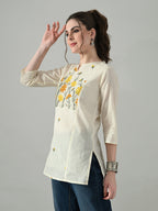 Myshka Women Off White Multicolor Thread Embroidered Tunic Three Quarter Sleeves Round Neck | Grocsy