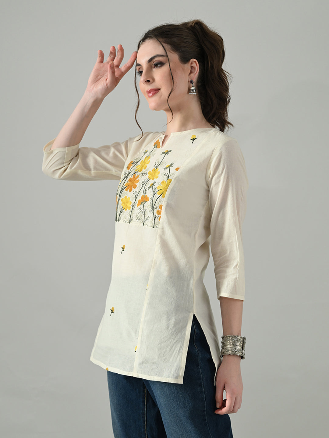 Myshka Women Off White Multicolor Thread Embroidered Tunic Three Quarter Sleeves Round Neck | Grocsy