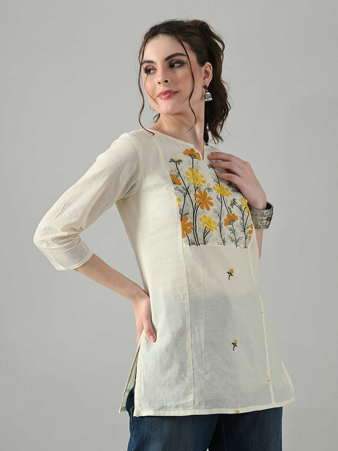 Myshka Women Off White Multicolor Thread Embroidered Tunic Three Quarter Sleeves Round Neck | Grocsy