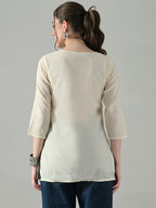 Myshka Women Off White Multicolor Thread Embroidered Tunic Three Quarter Sleeves Round Neck | Grocsy