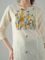 Myshka Women Off White Multicolor Thread Embroidered Tunic Three Quarter Sleeves Round Neck | Grocsy