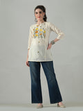 Myshka Women Off White Multicolor Thread Embroidered Tunic Three Quarter Sleeves Round Neck | Grocsy