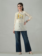 Myshka Women Off White Multicolor Thread Embroidered Tunic Three Quarter Sleeves Round Neck | Grocsy