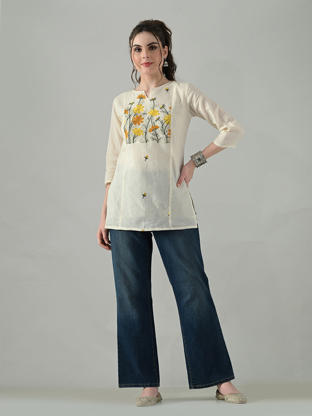 Myshka Women Off White Multicolor Thread Embroidered Tunic Three Quarter Sleeves Round Neck | Grocsy