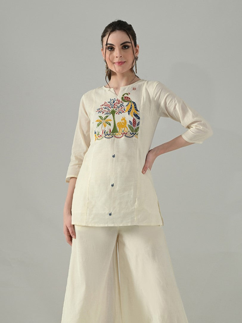 Myshka Women Off White Multicolor Thread Embroidered Tunic Three Quarter Sleeves Round Neck | Grocsy