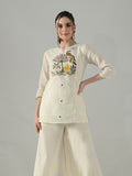 Myshka Women Off White Multicolor Thread Embroidered Tunic Three Quarter Sleeves Round Neck | Grocsy