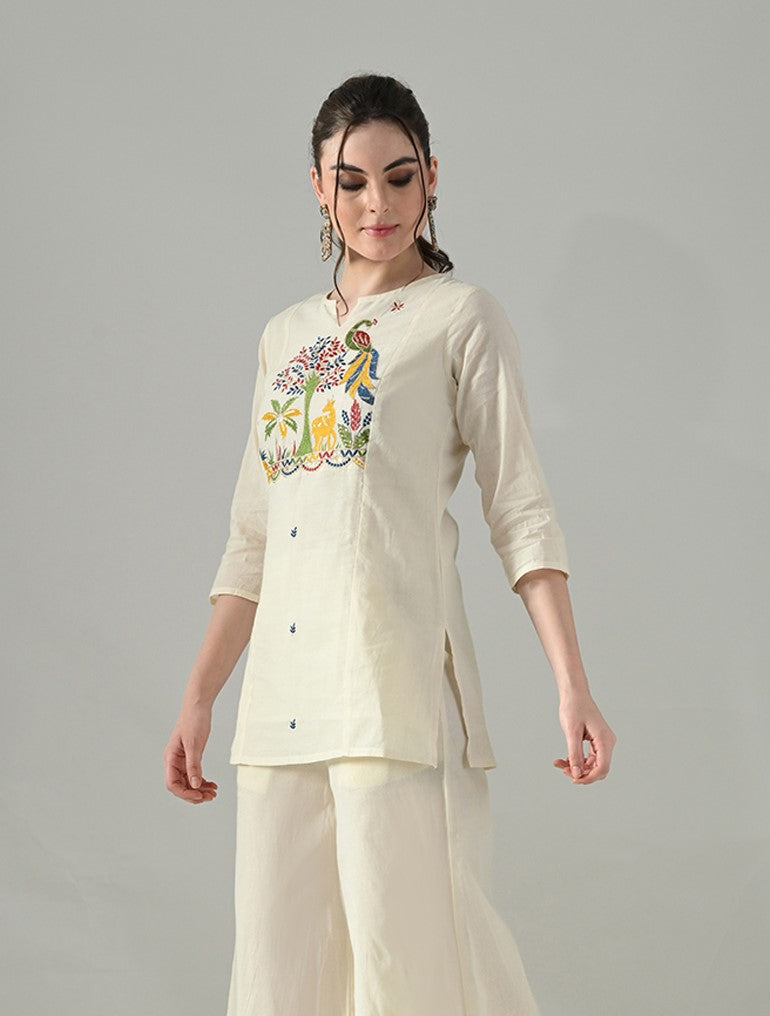 Myshka Women Off White Multicolor Thread Embroidered Tunic Three Quarter Sleeves Round Neck | Grocsy