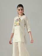 Myshka Women Off White Multicolor Thread Embroidered Tunic Three Quarter Sleeves Round Neck | Grocsy