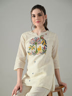 Myshka Women Off White Multicolor Thread Embroidered Tunic Three Quarter Sleeves Round Neck | Grocsy