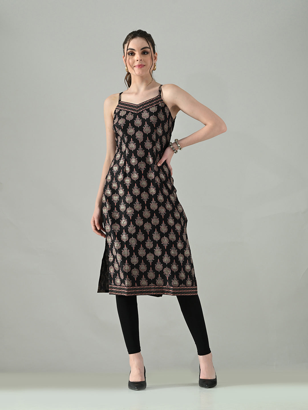 Myshka Women Off White Multicolor Thread Embroidered Sleeveless Long Kurta | Grocsy