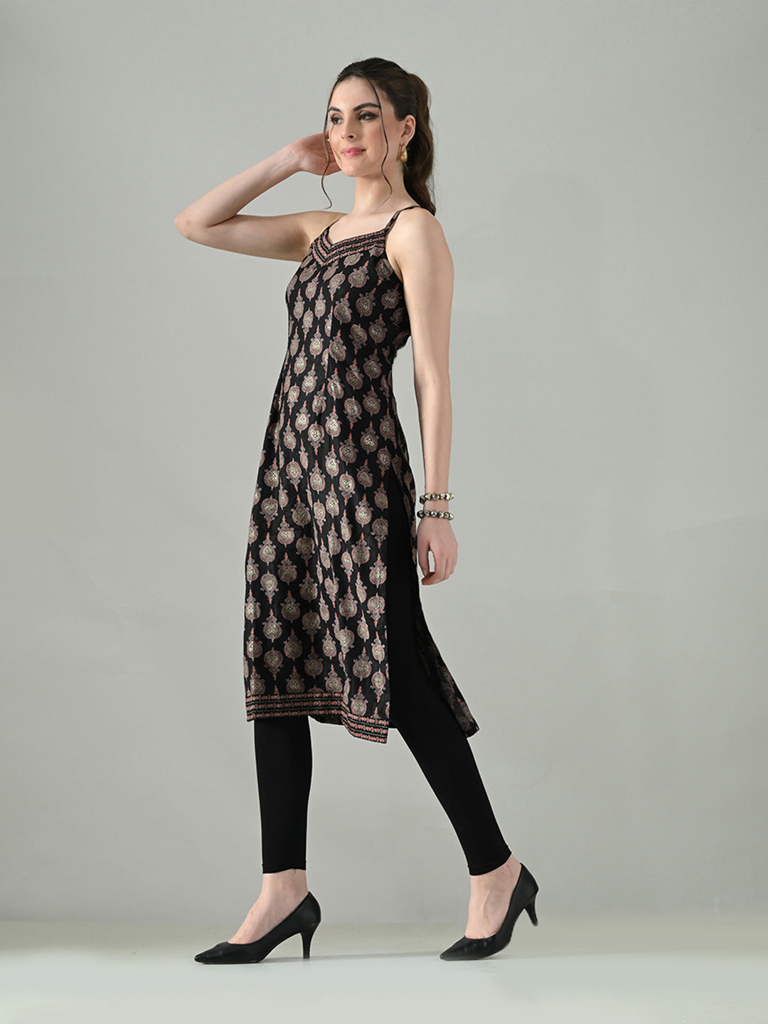 Myshka Women Off White Multicolor Thread Embroidered Sleeveless Long Kurta | Grocsy