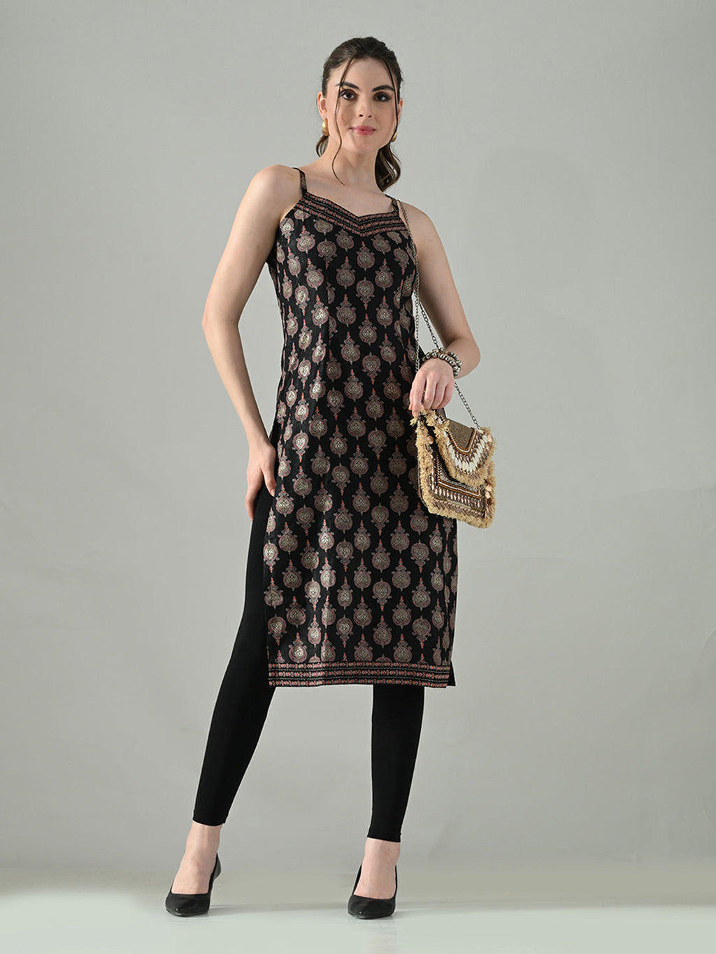 Myshka Women Off White Multicolor Thread Embroidered Sleeveless Long Kurta | Grocsy