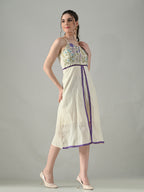 Myshka Women Off White Multicolor Thread Embroidered Strap Midi Dress | Grocsy
