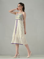 Myshka Women Off White Multicolor Thread Embroidered Strap Midi Dress | Grocsy